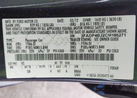 2012 Ford Fiesta Se z USA, uszkodzony, nr VIN 3FADP4BJ2CM186271